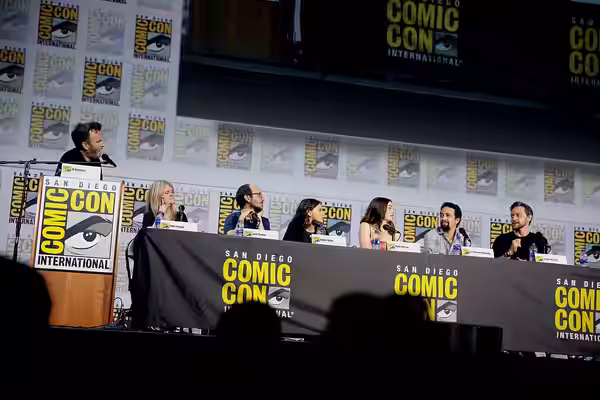 Jane Tranter, Jack Thorne, Dafne Keen, Ruth Wilson, Lin-Manuel Miranda and James McAvoy speaking at the 2019 San Diego Comic Con International, for "His Dark Ma