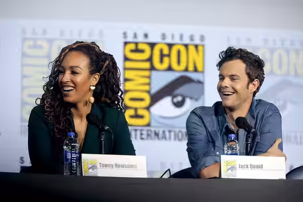 Tawny Newsome and Jack Quaid speaking at the 2019 San Diego Comic Con International, for "Star Trek: Lower Decks", at the San Diego Convention Center in San Die