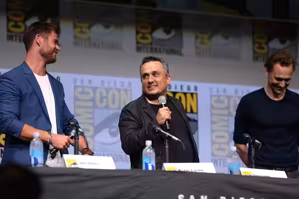 Chris Hemsworth, Joe Russo and Tom Hiddleston speaking at the 2017 San Diego Comic Con International, for "Avengers: Infinity War", at the San Diego Convention 