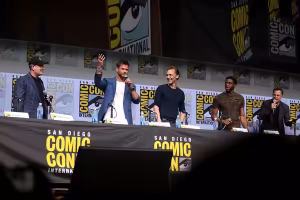 Kevin Feige, Chris Hemsworth, Tom Hiddleston, Chadwick Boseman and Mark Ruffalo speaking at the 2017 San Diego Comic Con International, for "Avengers: Infinity 