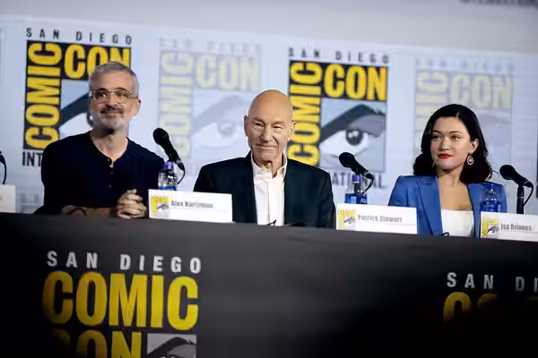 Alex Kurtzman, Patrick Stewart and Isa Briones speaking at the 2019 San Diego Comic Con International, for "Star Trek: Picard", at the San Diego Convention Cent