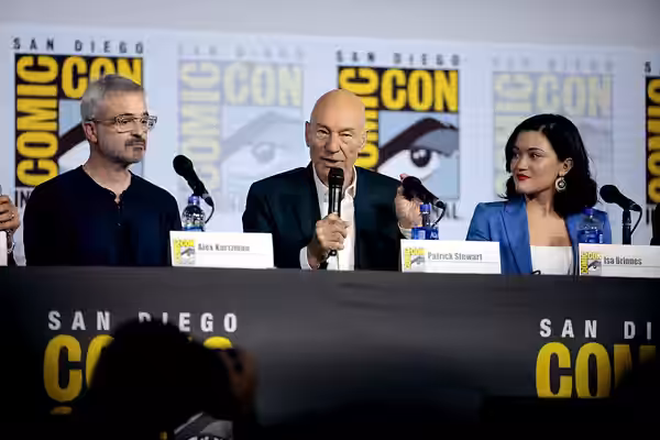 Alex Kurtzman, Patrick Stewart and Isa Briones speaking at the 2019 San Diego Comic Con International, for "Star Trek: Picard", at the San Diego Convention Cent