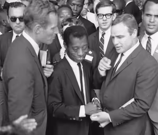 Civil Rights March on Washington, D.C. [Author James Baldwin with actors Marlon Brando , Charlton Heston and Harry Belafonte.], 08/28/1963