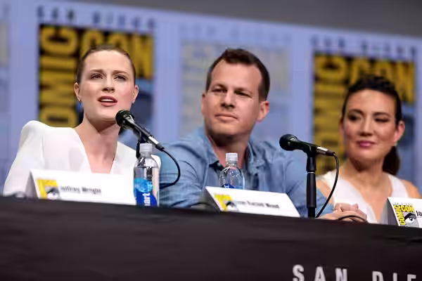 Evan Rachel Wood, Jonathan Nolan and Lisa Joy speaking at the 2017 San Diego Comic Con International, for "Westworld", at the San Diego Convention Center in San