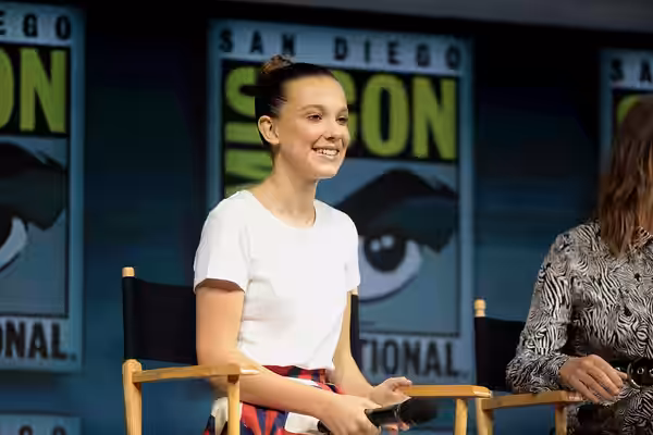 Millie Bobby Brown speaking at the 2018 San Diego Comic Con International, for "Godzilla: King of the Monsters", at the San Diego Convention Center in San Diego
