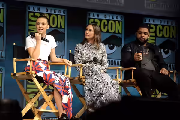 Millie Bobby Brown, Vera Farmiga and O'Shea Jackson speaking at the 2018 San Diego Comic Con International, for "Godzilla: King of the Monsters", at the San Die