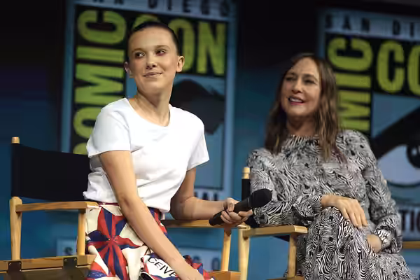 Millie Bobby Brown and Vera Farmiga speaking at the 2018 San Diego Comic Con International, for "Godzilla: King of the Monsters", at the San Diego Convention Ce
