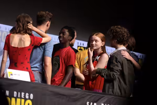 Natalia Dyer, Dacre Montgomery, Caleb McLaughlin and Sadie Sink speaking at the 2017 San Diego Comic Con International, for "Stranger Things", at the San Diego 