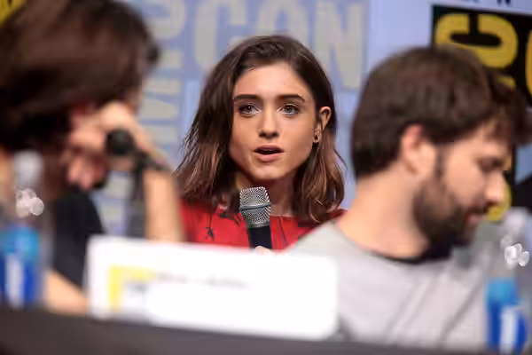 Natalia Dyer speaking at the 2017 San Diego Comic Con International, for "Stranger Things", at the San Diego Convention Center in San Diego, California. Please 