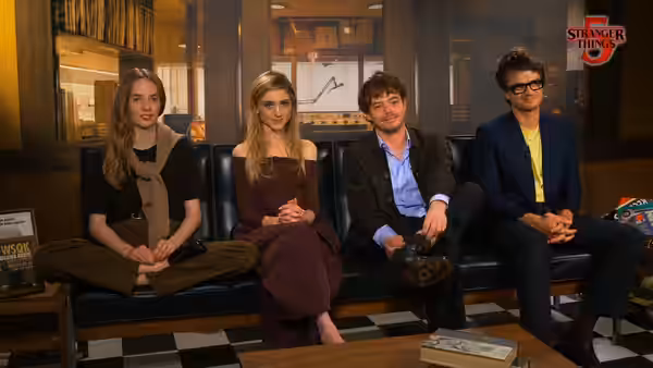 Maya Hawke, Natalia Dyer, Charlie Heaton, and Joe Keery, promoting Stranger Things season 5 in 2025