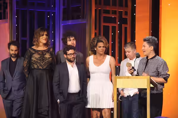This photo includes the cast and crew of "Transparent," including Jay Duplass, Our Lady J, Ethan Kuperberg, Joe Lewis, Alexandra Billings, Ali Liebegott and Jil (2016)