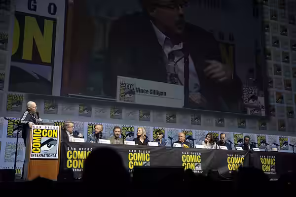 Bill Burr, Vince Gilligan, Aaron Paul, Bryan Cranston, Anna Gunn, RJ Mitte, Dean Norris, Betsy Brandt, Bob Odenkirk and Giancarlo Esposito speaking at the 2018 