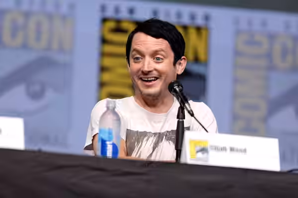 Elijah Wood speaking at the 2017 San Diego Comic Con International, for "Dirk Gently's Holistic Detective Agency", at the San Diego Convention Center in San Die