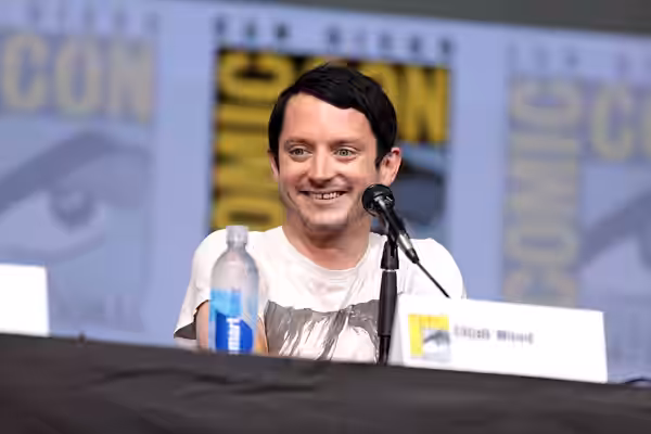 Elijah Wood speaking at the 2017 San Diego Comic Con International, for "Dirk Gently's Holistic Detective Agency", at the San Diego Convention Center in San Die