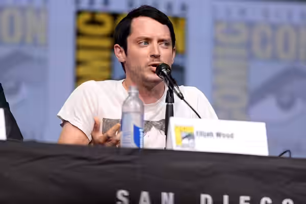 Elijah Wood speaking at the 2017 San Diego Comic Con International, for "Dirk Gently's Holistic Detective Agency", at the San Diego Convention Center in San Die