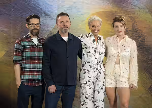 Dalton Leeb, Brian Kirk, Emma Thompson and Gaia Wise at the 78th Locarno Film Festival photocall for Dead of Winter