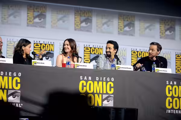 Dafne Keen, Ruth Wilson, Lin-Manuel Miranda and James McAvoy speaking at the 2019 San Diego Comic Con International, for "His Dark Materials", at the San Diego 