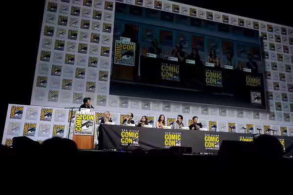 Jane Tranter, Jack Thorne, Dafne Keen, Ruth Wilson, Lin-Manuel Miranda and James McAvoy speaking at the 2019 San Diego Comic Con International, for "His Dark Ma