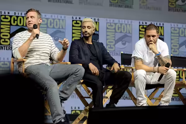 Ruben Fleischer, Riz Ahmed and Tom Hardy speaking at the 2018 San Diego Comic Con International, for "Venom", at the San Diego Convention Center in San Diego, C