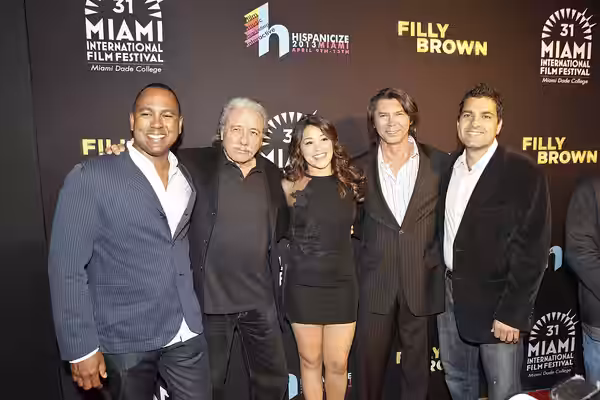 FILLY BROWN Red Carpet at Regal Cinemas South Beach, April 9, 2013. From left: Co-director Michael D. Olmos, Edward James Olmos, Gina Rodriguez, Lou Diaomond Ph
