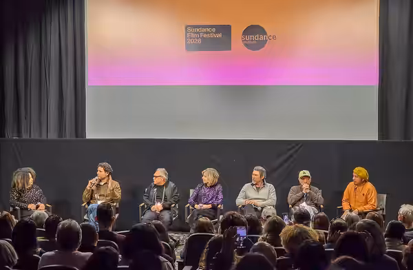 D Alvarado, Luis Valdez, L DeFilippo, LD Phillips, EJ Olmos at the premiere of American Pachuco during the 2026 Sundance Film Festival
