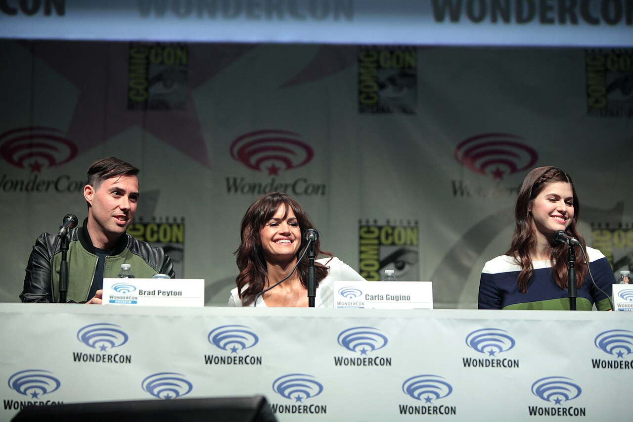 Brad Peyton, Carla Gugino and Alexandra Daddario speaking at the 2015 Wondercon, for "San Andreas", at the Anaheim Convention Center in Anaheim, California. Ple
