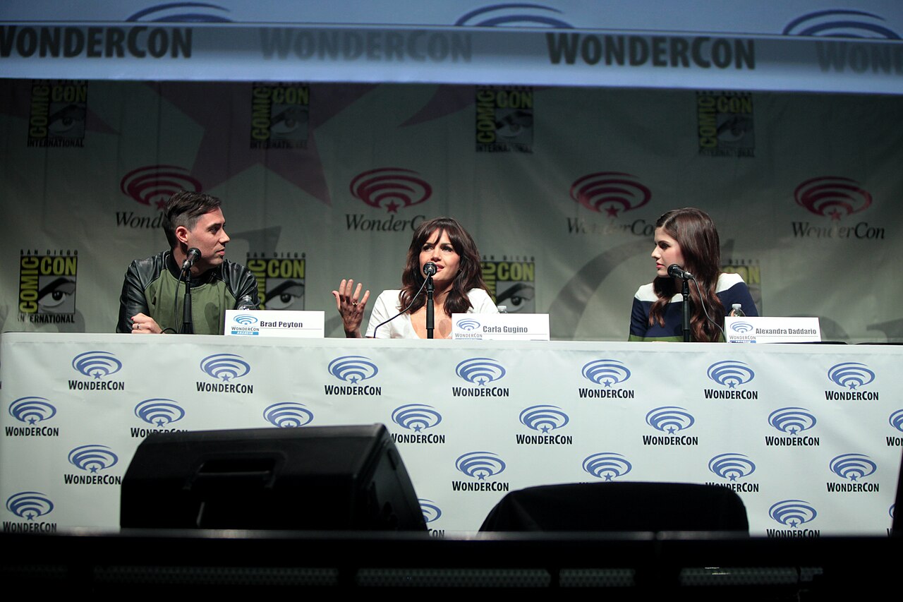 Brad Peyton, Carla Gugino and Alexandra Daddario speaking at the 2015 Wondercon, for "San Andreas", at the Anaheim Convention Center in Anaheim, California. Ple