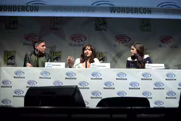 Brad Peyton, Carla Gugino and Alexandra Daddario speaking at the 2015 Wondercon, for "San Andreas", at the Anaheim Convention Center in Anaheim, California. Ple