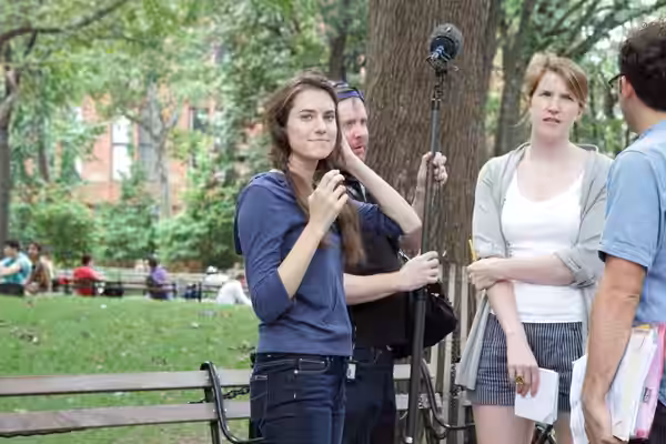 Allison Williams was giving an interview after the filming of Girls in Washington Square Park, Greenwich Village, New York Girls is an American television serie