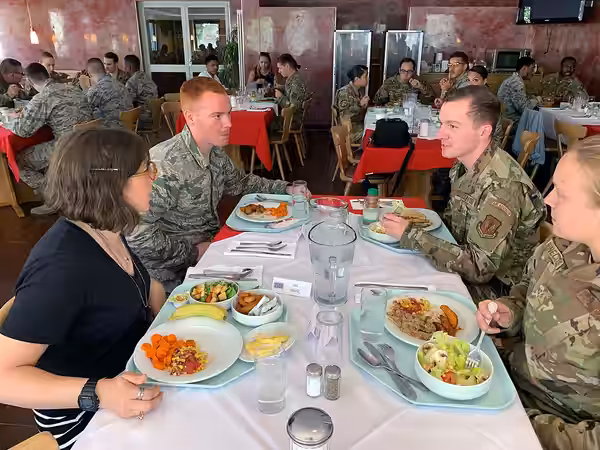 Mayim Bialik lunches with service members, Rheinland Dining Facility, Ramstein Air Base, Ramstein-Miesenbach, Germany, July 3, 2019. Air Force Gen. Joseph Lengy