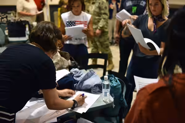 Mayim Bialik, Toni Trucks, Cassadee Pope and Anjelah Johnson rehearse before a USO show, Kaiserslautern Military Community Center, Ramstein Air Base, Ramstein-M (2019)