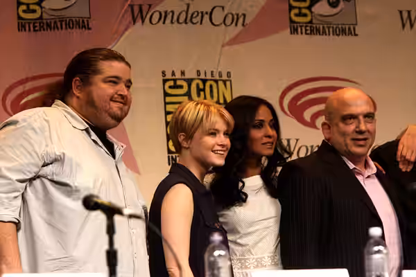 Jorge Garcia, Sarah Jones, Parminder Nagra and Jonny Coyne speaking at the 2012 WonderCon in Anaheim, California. Please attribute to Gage Skidmore if used else