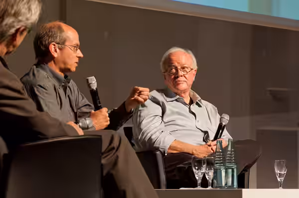 Douglas Trumbull (right) on a panel discussion with Ray Feeney (left) and Bill Desowitz at FMX 2012. (Haus der Wirtschaft, Stuttgart, Germany)