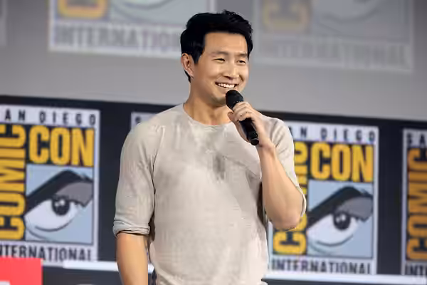 Simu Liu speaking at the 2019 San Diego Comic Con International, for "Shang-Chi and the Legend of the Ten Rings", at the San Diego Convention Center in San Dieg