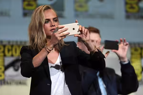 Cara Delevingne and Dane DeHaan speaking at the 2016 San Diego Comic Con International, for "Valerian and the City of a Thousand Planets", at the San Diego Conv
