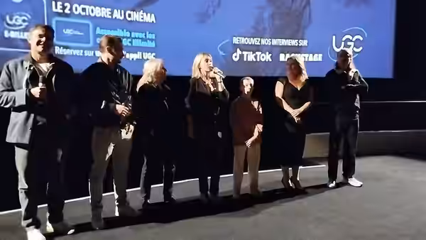 L'équipe de "Quand vient l'automne" lors de l'avant-première du film à l'UGC Ciné Cité Les Halles: François Ozon, Pierre Lotin, Hélène Vincent, Ludivine Sagnier (2024)