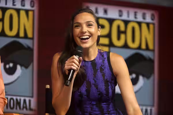 Gal Gadot speaking at the 2018 San Diego Comic Con International, for "Wonder Woman 1984", at the San Diego Convention Center in San Diego, California. Please a