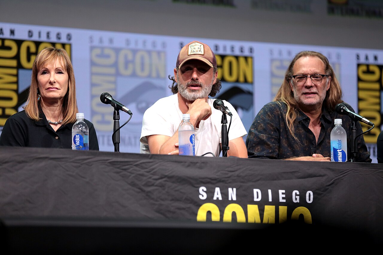 Gale Anne Hurd, Andrew Lincoln and Greg Nicotero speaking at the 2017 San Diego Comic Con International, for "The Walking Dead", at the San Diego Convention Cen