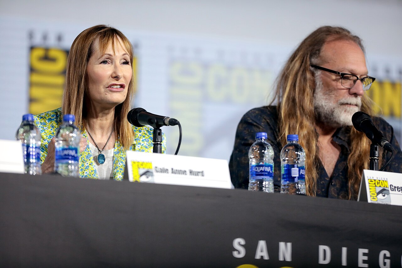 Gale Anne Hurd and Greg Nicotero speaking at the 2019 San Diego Comic Con International, for "Fear the Walking Dead", at the San Diego Convention Center in San 