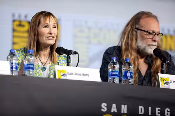 Gale Anne Hurd and Greg Nicotero speaking at the 2019 San Diego Comic Con International, for "Fear the Walking Dead", at the San Diego Convention Center in San 
