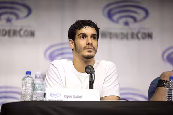 Elyes Gabel speaking at the 2019 WonderCon, for "Justice League vs. the Fatal Five", at the Anaheim Convention Center in Anaheim, California. Please attribute t