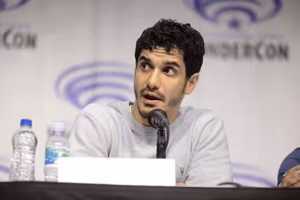 Elyes Gabel speaking at the 2019 WonderCon, for "Justice League vs. the Fatal Five", at the Anaheim Convention Center in Anaheim, California. Please attribute t