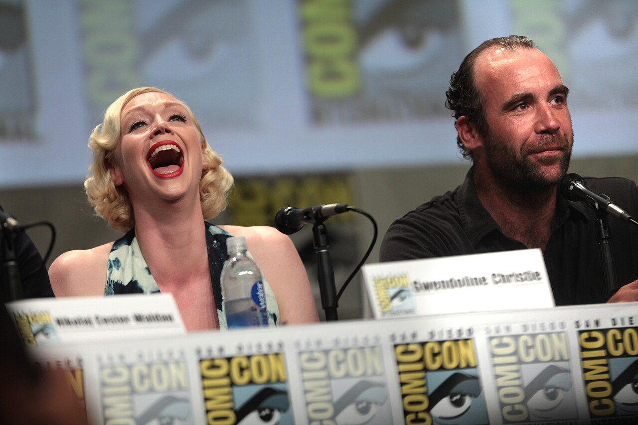 Gwendoline Christie and Rory McCann speaking at the 2014 San Diego Comic Con International, for "Game of Thrones", at the San Diego Convention Center in San Die