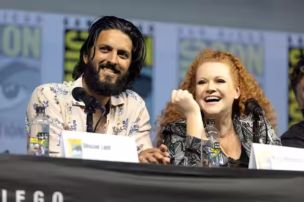 Shazad Latif and Mary Wiseman speaking at the 2018 San Diego Comic Con International, for "Star Trek: Discovery", at the San Diego Convention Center in San Dieg