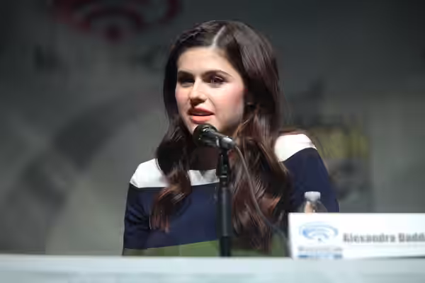Alexandra Daddario speaking at the 2015 Wondercon, for "San Andreas", at the Anaheim Convention Center in Anaheim, California. Please attribute to Gage Skidmore