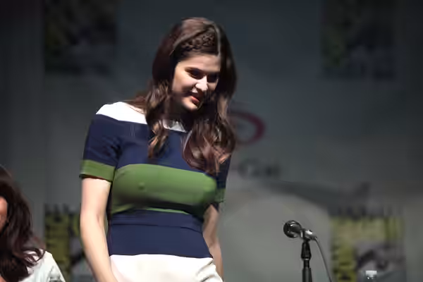 Alexandra Daddario speaking at the 2015 Wondercon, for "San Andreas", at the Anaheim Convention Center in Anaheim, California. Please attribute to Gage Skidmore