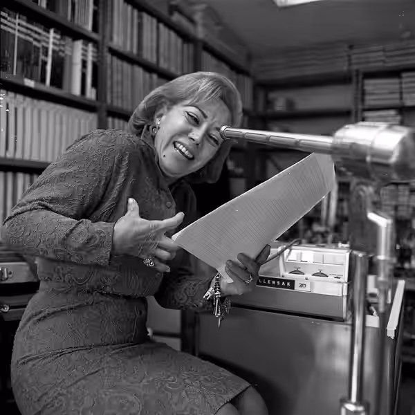 ARTIST AUDITIONS—June Foray, one of the top female "voices" in the animation industry, demonstrates her technique at audition session. (1965)