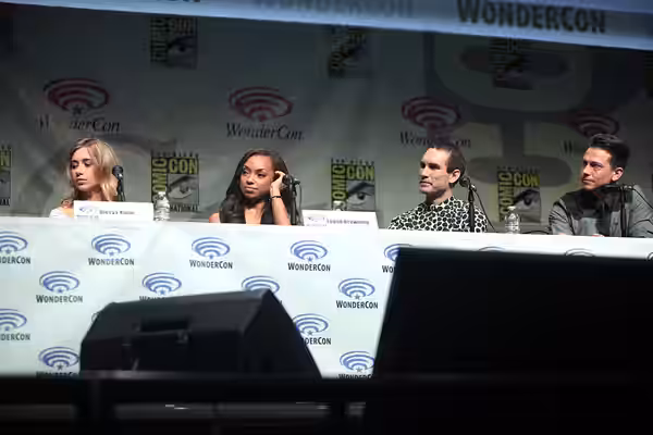 Olesya Rulin, Logan Browning, Aaron Farb and Justice Leak speaking at the 2015 Wondercon, for "Powers", at the Anaheim Convention Center in Anaheim, California.