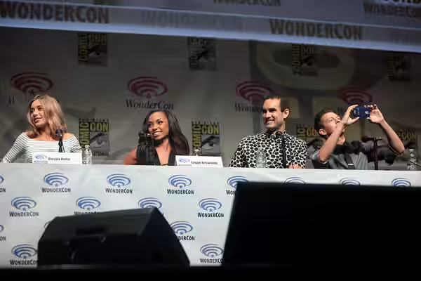 Olesya Rulin, Logan Browning, Aaron Farb and Justice Leak speaking at the 2015 Wondercon, for "Powers", at the Anaheim Convention Center in Anaheim, California.