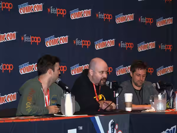 Left to right: actor/comedian Taran Killam, writer Marc Andreyko, and IDW Publishing Chief Creative Officer and Editor-in-Chief Chris Ryall, speaking on a panel (2013)
